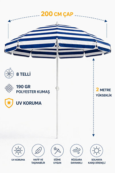 Düvenci Mavi Beyaz 200cm, 8 telli Plaj Şemsiyesi