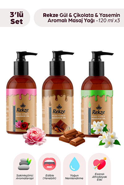 Rekze Erotik Masaj Yağı 120 ml – Çikolata + Gül + Yasemin Aromalı, Nemlendiri...