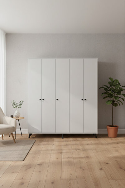 Dienni Simple Gardırop 7 Raflı 5 Kapaklı 2 Askılı 150x44x176 BEYAZ
