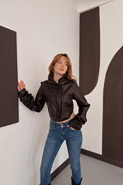 Jaglion Νέα Συλλογή Γυναικείο Δερμάτινο Μπουφάν Biker Crop με Λεπτομέρεια Κορ...