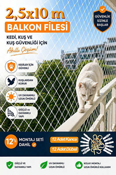 viyolmarketim Balkon Filesi 2,5x10 Metre Bahçe Balkon Filesi Kedi Kuş Önleme ...