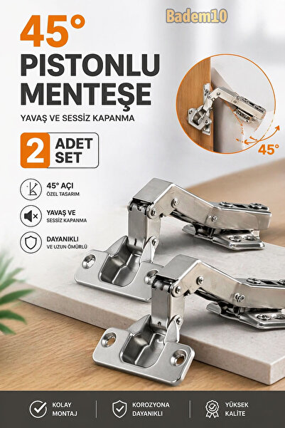 Badem10 Pistonlu Frenli 45 Derece Dolap Kapak Menteşesi Tas Tip Yavaş Kapanır...