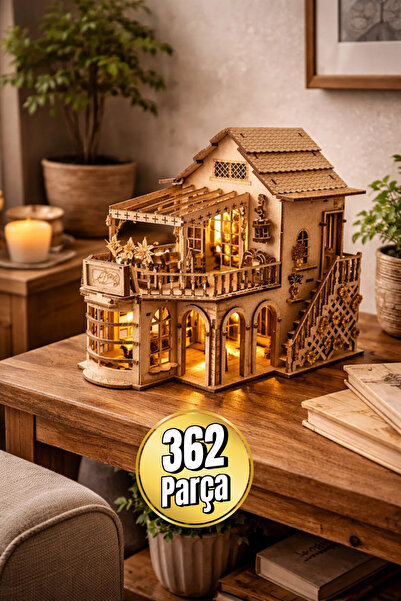 eslazerkesim Işıklı Detaylı Kahve Dükkanı Diorama Maketi – Ahşap Hobi Seti