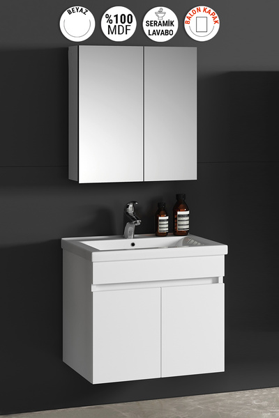 ÖZCEDEN Çiğdem 55 cm Beyaz Balon MDF Seramik Lavabolu Asma Banyo Dolabı Takımı