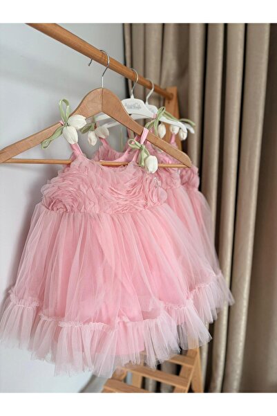 İKO BABY Kız Çocuk 2-3-4-5 Yaş Tüllü Doğum Günü Tasarım Pembe Elbise