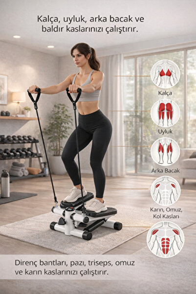 MAXFIT Multi Stepper, Çift Amortisörlü Direnç Kayışlı, Dijital Göstergeli Ev Egzersiz Aleti, Beyaz