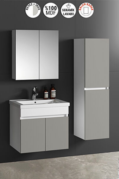ÖZCEDEN Çiğdem 65+35 cm Beyaz-İnox Balon MDF Seramik Lavabolu Sepetli Asma Ba...