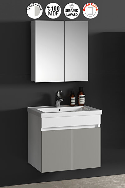 ÖZCEDEN Çiğdem 65 cm Beyaz-İnox Balon MDF Seramik Lavabolu Asma Banyo Dolabı ...