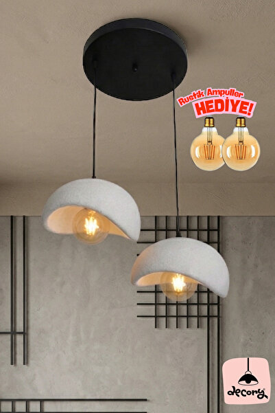 decory Beton Görünümlü 2'li Sarkıt Avize,Bohem Sarkıt Avize (Rustik Ampul Hed...