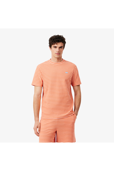 Lacoste Erkek Classic Fit Bisiklet Yaka Çizgili Turuncu T-Shirt