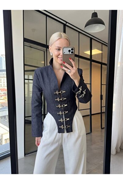 LOKADI Γυναικείο τζιν μπουφάν ανθρακί - Τζιν μπλέιζερ με λεπτομέρεια με μεταλ...