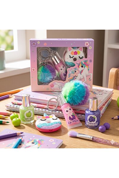 Ylvi Unicorn Lip Gloss Seti – Anahtarlıklı Kız Çocuk Dudak Parlatıcı Seti