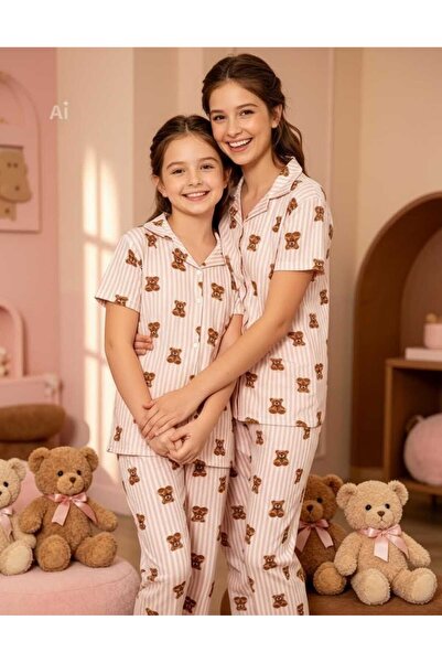 NiCe İç Giyim Mother & Daughter Εκρού Χρώμα Ροζ Ριγέ Σχέδιο Αρκουδάκι Χαριτωμ...