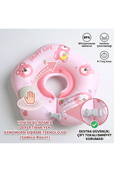 BigsToy Bebek Boyun Simidi Kendinden Şişen 0-12 Ay Yüzme Simidi, Çift Tokalı ...