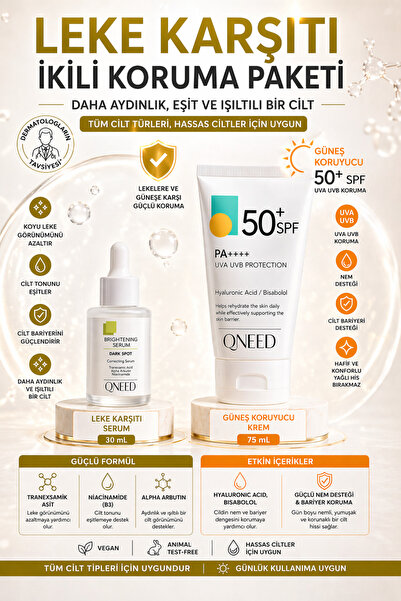QNEED BRIGHTENING DARK SPOT SERUM+GÜNEŞ KORUYUCU 50+SPF,Leke Karşıtı,