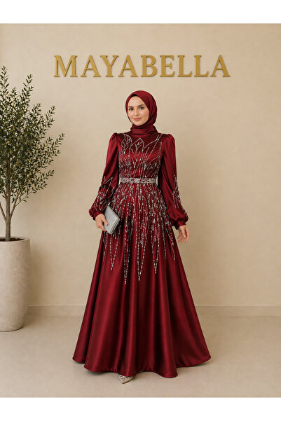 MayaBella Saten Taş Detaylı Tesettür Abiye