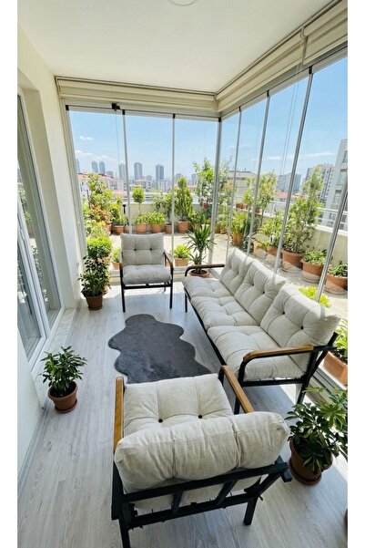 Madame Home Krem Balkon, Bahçe, Cafe - Metal Kanepe Koltuk Takımı - 3+1+1