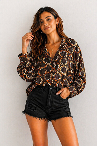 İLKCET MODA Άνετο γυναικείο πουκάμισο με σατέν σχέδιο oversize