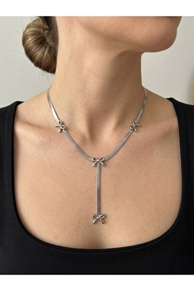 aurora dükkan Steel Silver Color Italian Chain Bowknot Y Necklace