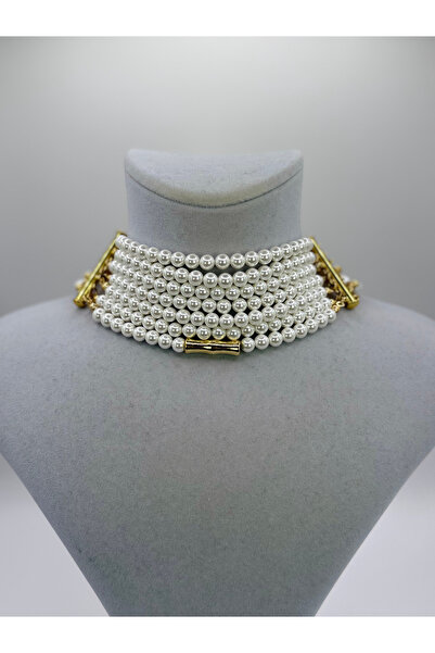 Butik Çok Sıralı Mayorka İnci Choker Kolye - Gold Bar Detaylı Zarif Gerdanlık
