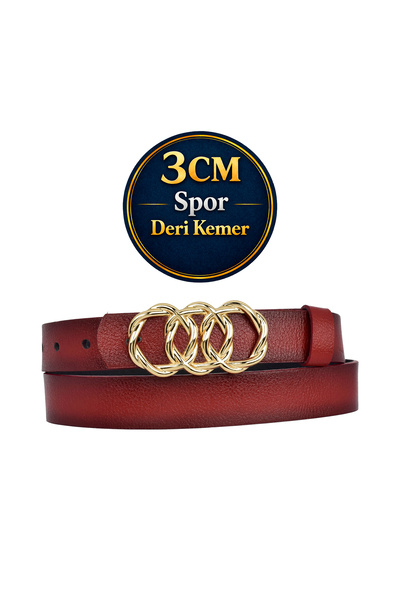 GoDeri 100% естествена кожа, златиста плетена катарама, червен дамски колан 3...