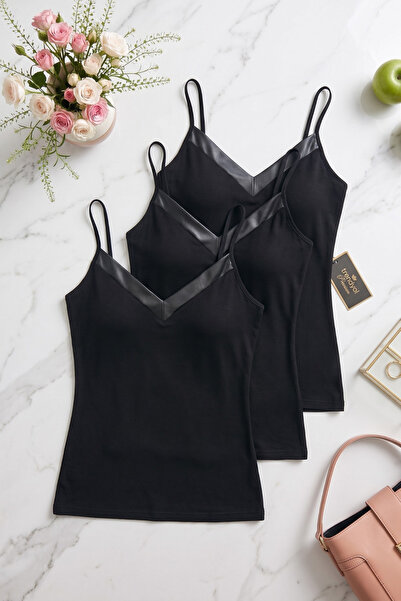 Loule Women's 3-Piece Satin Collar Cotton & Modal Strap Tank Top - Soft Textu...