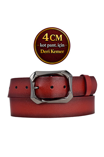 GoDeri Κόκκινο Γυναικείο Τζιν - 100% Γνήσιο Δέρμα, Ματ Ασημένια Πόρπη, Αθλητι...