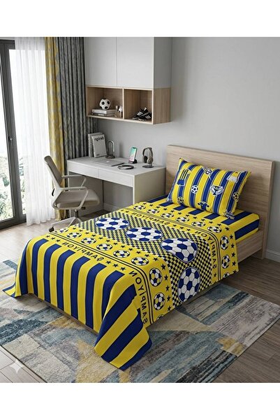 ŞENER HOME Μονό Ελαστικό Σετ Πικέ - Κίτρινο-Μπλε σεντόνι με σχέδιο βεντάλιας