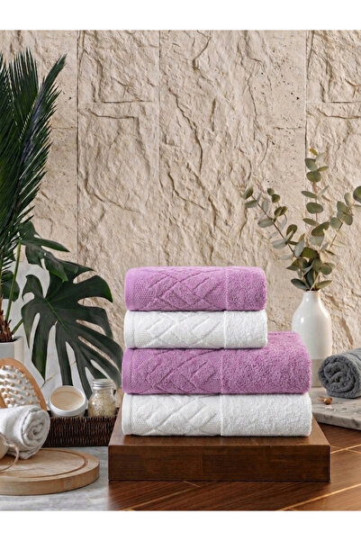 Damla 4'lü Jakarlı Havlu Takımı Hamam Takımı Pembe-Krem