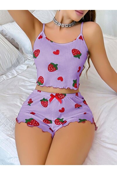 Generic Brand Women's Purple Strawberry Patterned Shorts Pajama Set 5061