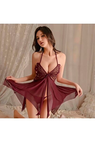 Bordo Kelebek Detaylı Tül Fantezi Gecelik