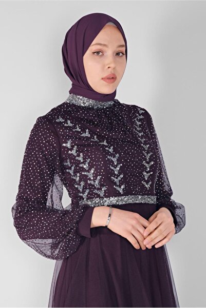 TRENDTESETTÜR KADIN MOR (K.MOR) TAŞ BASKILI TÜLLÜ ABİYE ELBİSE 72110