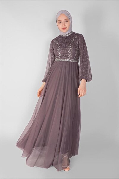 TRENDTESETTÜR KADIN PEMBE (GÜL) TAŞ BASKILI TÜLLÜ ABİYE ELBİSE T 72110