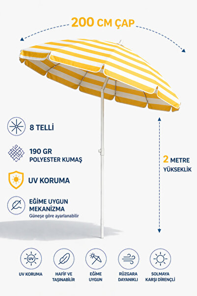 Düvenci Sarı Beyaz 200cm, 8 telli Plaj Şemsiyesi