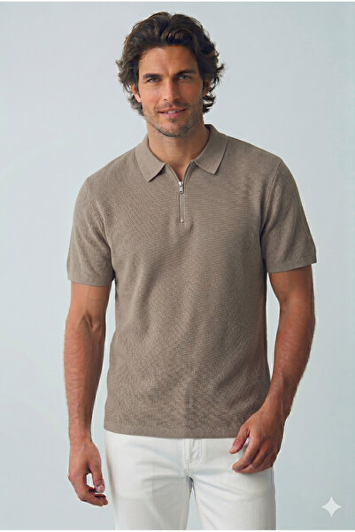 Jack & Jones Ανδρικό καφέ μπλουζάκι Jjmax Knit Zip Polo με λαιμόκοψη 12288544...