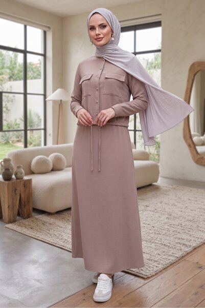 Bestenur Κάλυμμα με Με τσέπες κουμπιά, διπλό σετ 1696 - Πέτρα