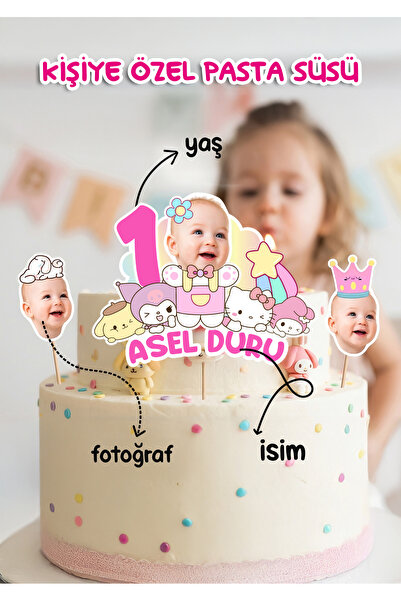 KiziHediye Kişiye Özel Sanrio Temalı Pasta Üstü Fotoğraflı + İsimli Parti Süs...