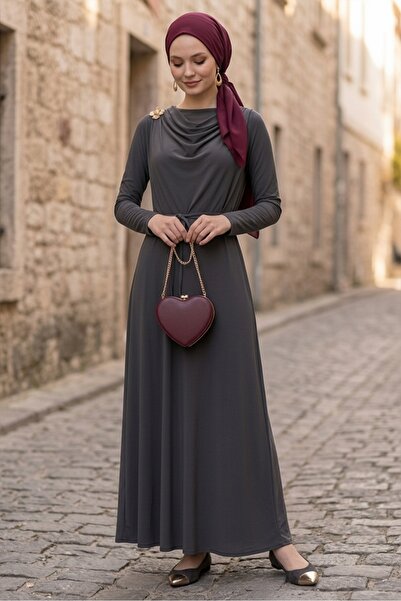 Bestenur Σάλι Με δέσιμο Φόρεμα 1691 - Ανθρακί