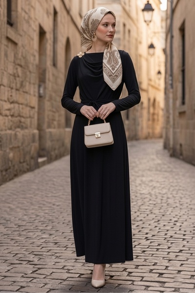 Bestenur Σάλι Με δέσιμο Φόρεμα 1691 - Μαύρο