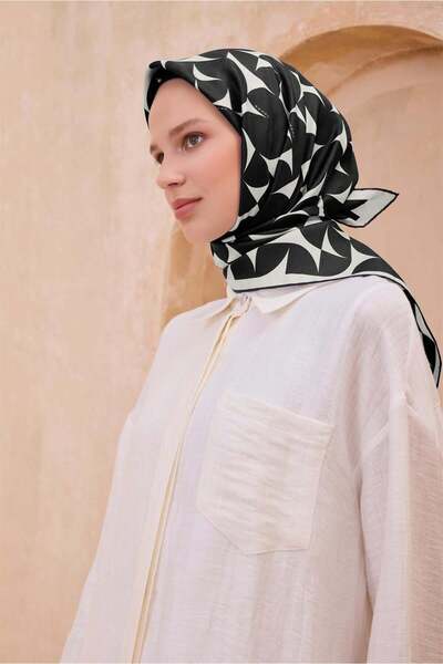 Belli Twill İpek Eşarp - 4117-80 Siyah Ekru