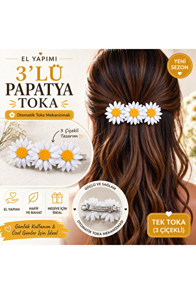 Design 4N Papatya Saç Tokası (3 Çiçekli) – El Yapımı Otomat Toka (12 cm)