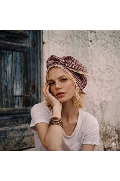 Handmade Betty Bands Çizgili Kenarı Dantel Detaylı Bandana Eşarp