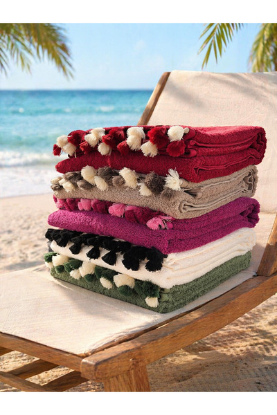 Türkühome 100% Cotton Beach Towel - Tassel Detail - Water Absorbent Towel - 90 X 150 cm