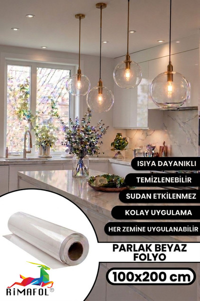 RİMAFOL Γυαλιστερό λευκό αυτοκόλλητο φύλλο κάλυψης ντουλαπιών κουζίνας και επ...