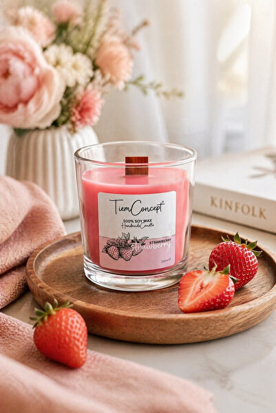 Tiem Concept Çilek Kokulu Mum 150g - Ahşap Fitilli %100 Soya Mum, Dekoratif O...