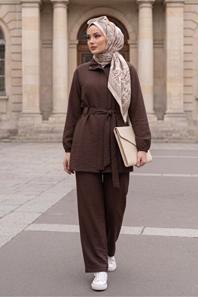 Bestenur Σετ Κρυφό φερμουάρ τεμαχίων με ζώνη και διπλό κοστούμι 1698 - Καφέ