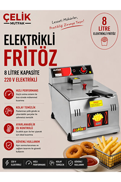ALPİNA MUTFAK Alpina 8 Litre Profesyonel Fritöz 220V Paslanmaz Çelik Sanayi T...