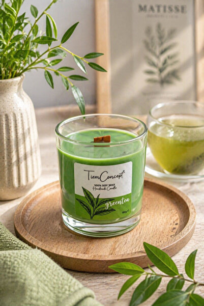 Tiem Concept Yeşil Çay Kokulu Mum 150g - Ahşap Fitilli %100 Soya Mum, Dekorat...