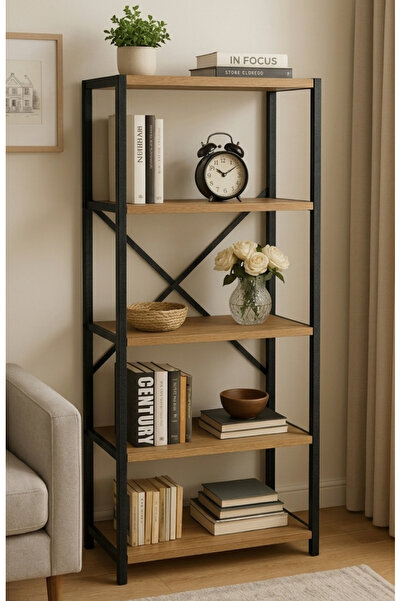 5 Shelf Wooden Bookshelf Office Home Shelf System Decorative File Shelf With Metal Body