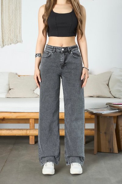 BİKELİFE Women's Smoke Gray High-Waisted Wide-Leg Jeans